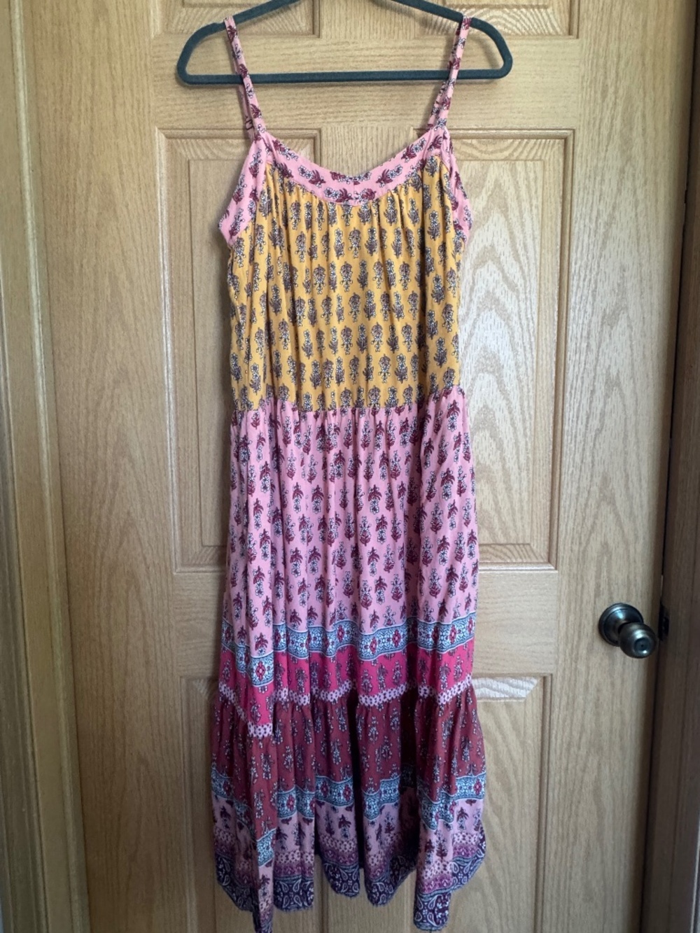 American Eagle Floral Block-Print Cami Maxi Dress - Pink & Mustard Yellow